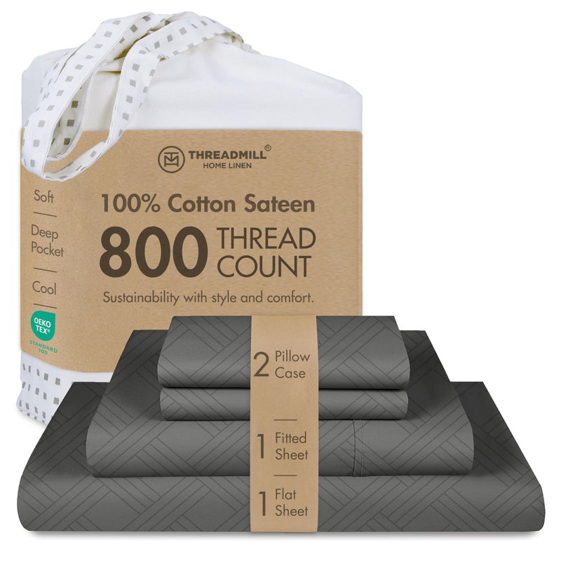 Threadmill Luxury 100% Cotton Queen Bed-Sheets - 800 Thread Count Jacquard Celine Dark Grey, Better Than Egyptian Cotton,4 Pc Striped Bed Set, Damask Sheets with Elasticized Deep Pocket - Image 1